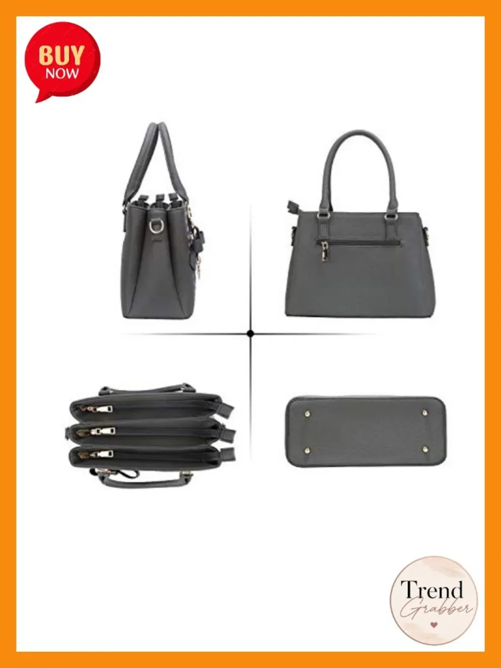 Faux Leather Satchel Handbag 3 Compartments Zipper Crossbody Shoulder Bag